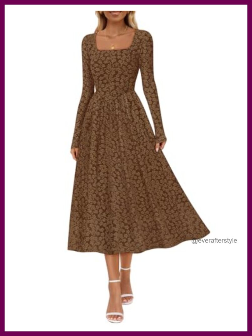 Women's Floral Midi Dress Long Sleeve Square Neck A-Line Ruched Pockets